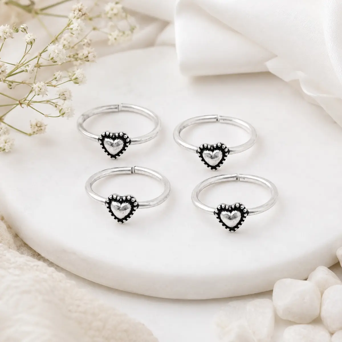 925 Sterling Silver Toe Ring Pair Of 2 Heart Design For Women